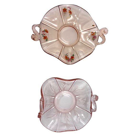 Fenton Candy Dishes 2 Items Dolphin Handles 1930s Pink Depression Cut Glass Hand - Picture 2 of 16